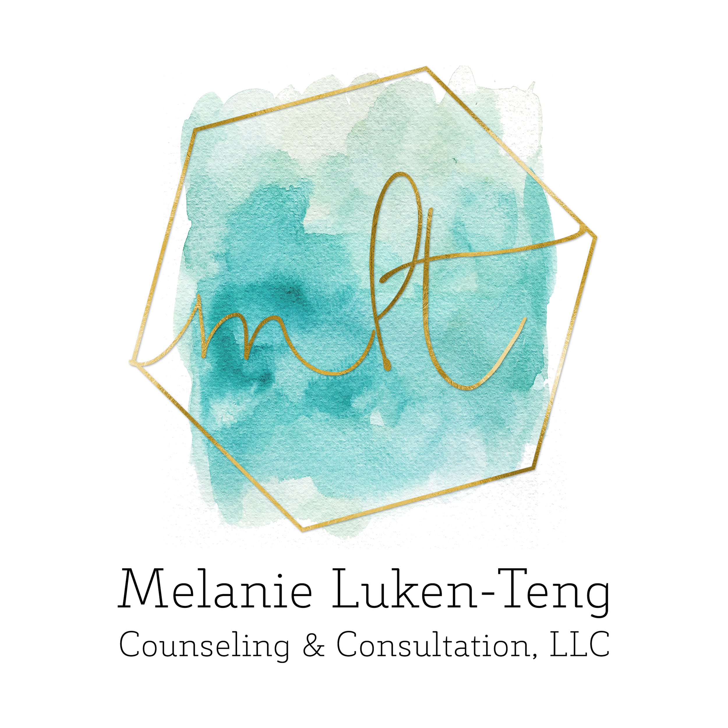 Watercolor background with the initials 'MLT' written in a gold script font inside a geometric gold frame.