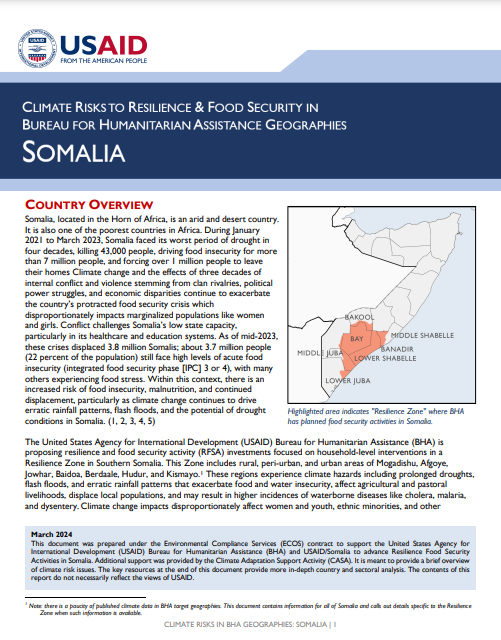 Climate risks to resilience and food security in Bureau for Humanitarian Assistance Geographies: Somalia