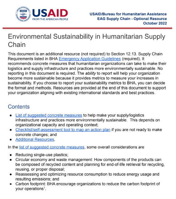 Environmental Sustainability in Humanitarian Supply Chain