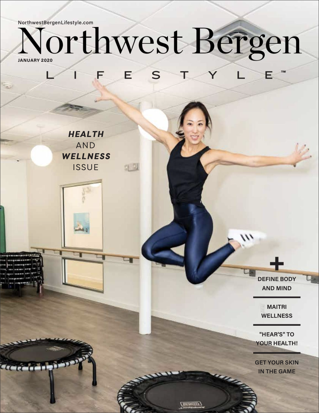 Cover of Northwest Bergen Lifestyle magazine, January 2020 issue, featuring a woman jumping on a trampoline in a fitness studio with mirrors and a barre, promoting health, wellness, and body and mind fitness.