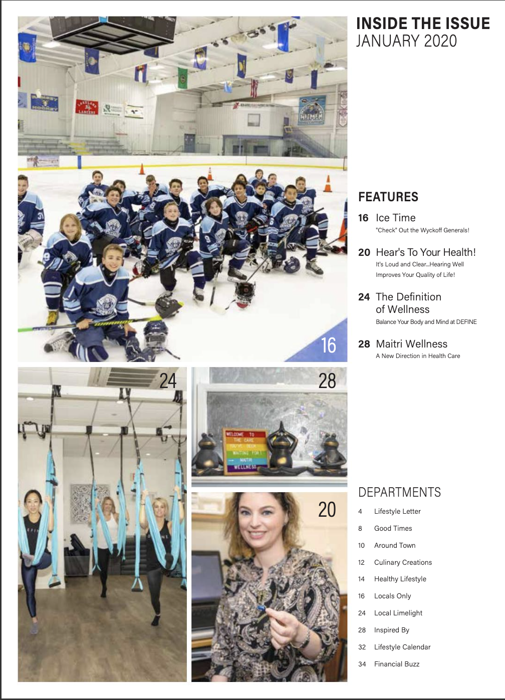 Page of a magazine featuring the NJ Generals ice hockey team photo, along with article titles and sections related to health and wellness.