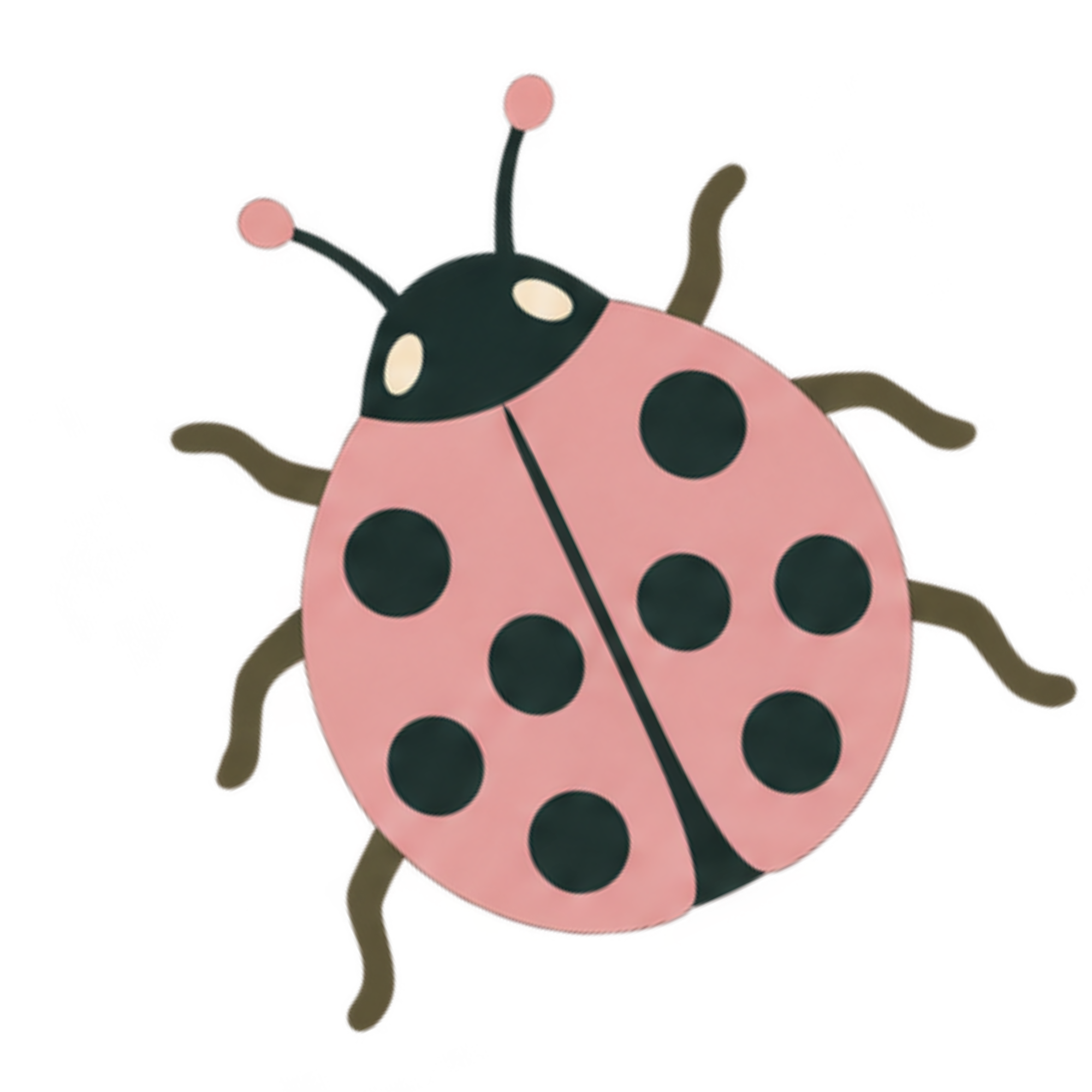 A cartoon ladybug with a pink body, black spots, and black antennae on a red background.