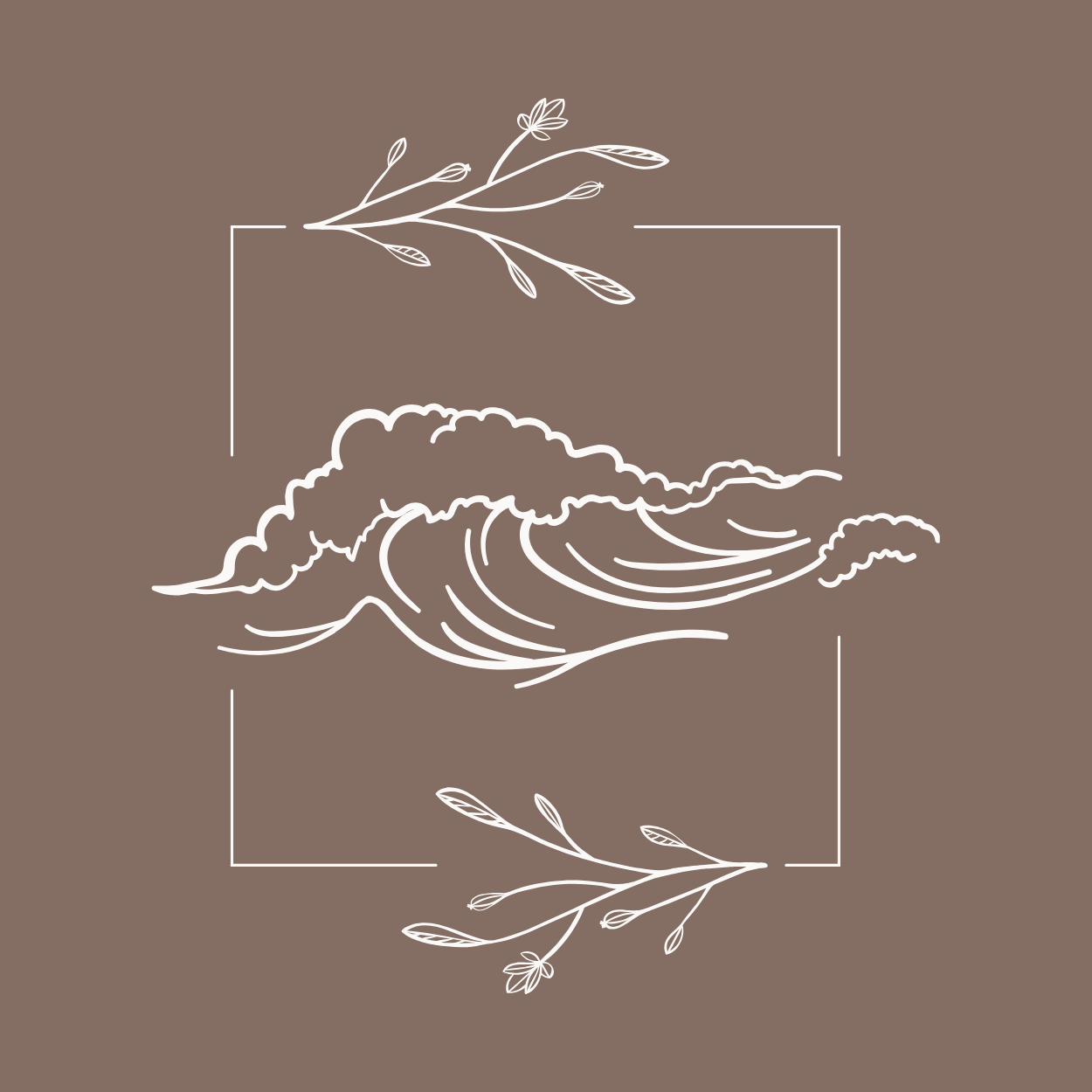 Minimalist illustration of ocean waves and leaves on a brown background.