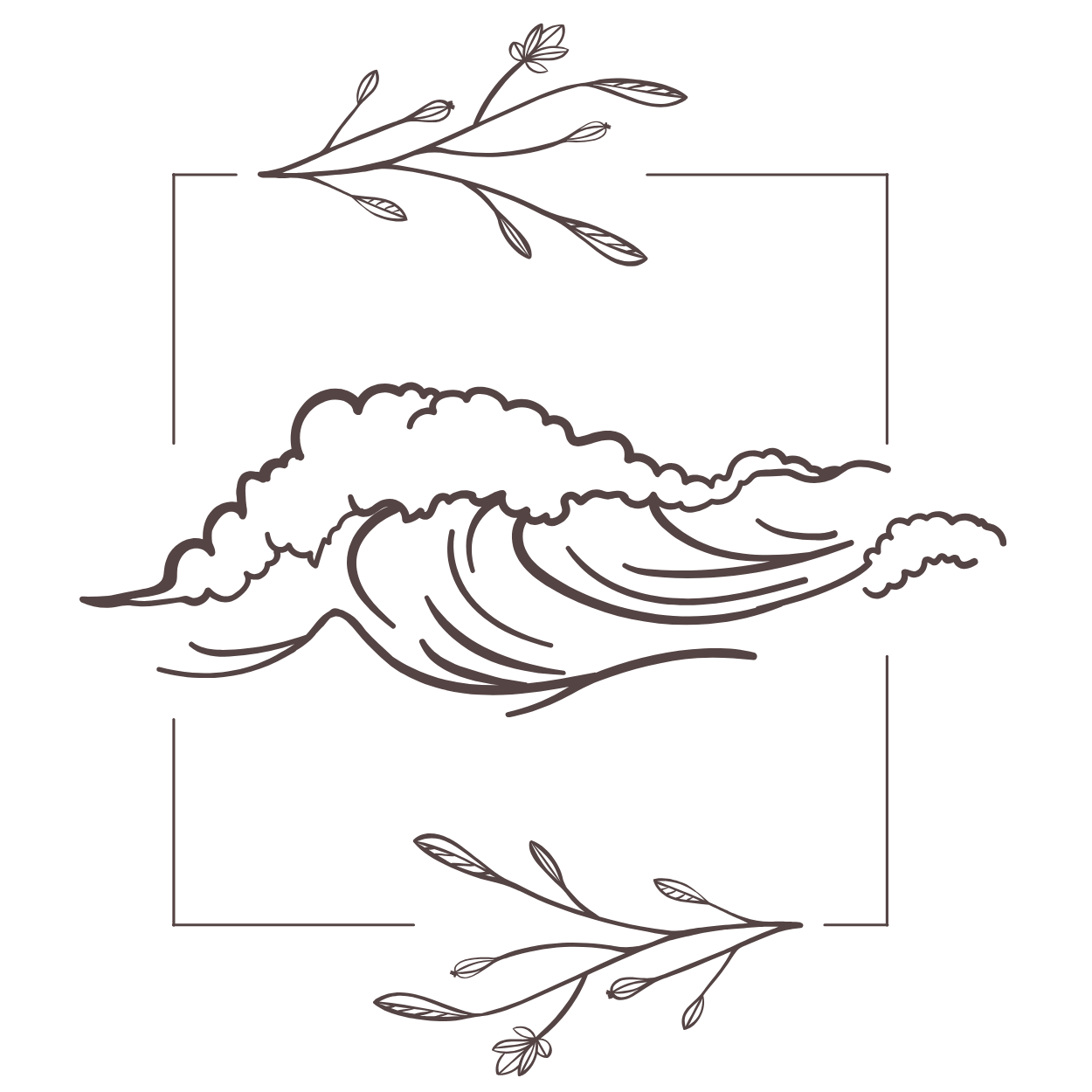 Stylized illustration of a large ocean wave with botanical accents at the top and bottom of the image.