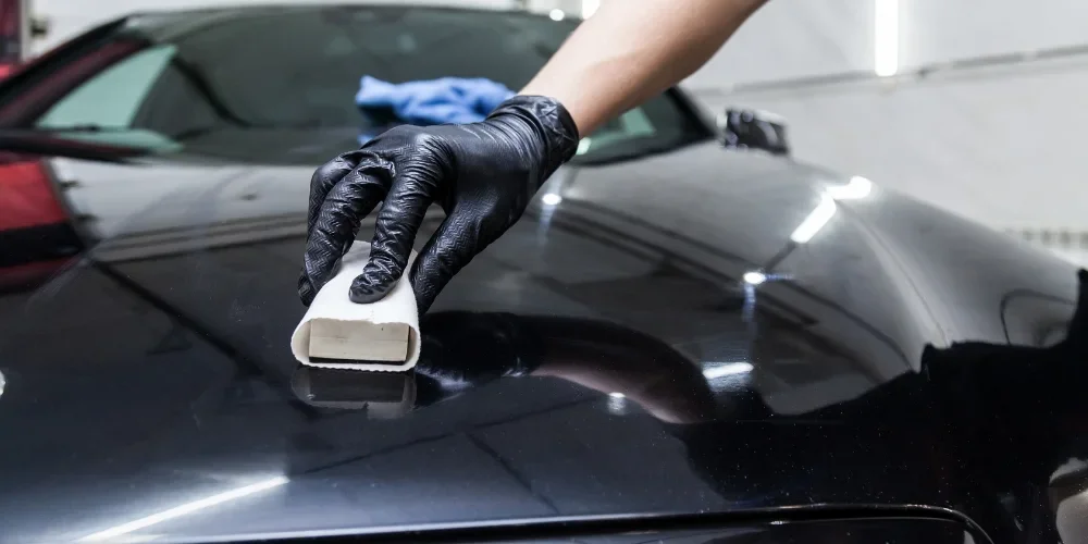 Person wearing black gloves polishing a black car with a white cloth.