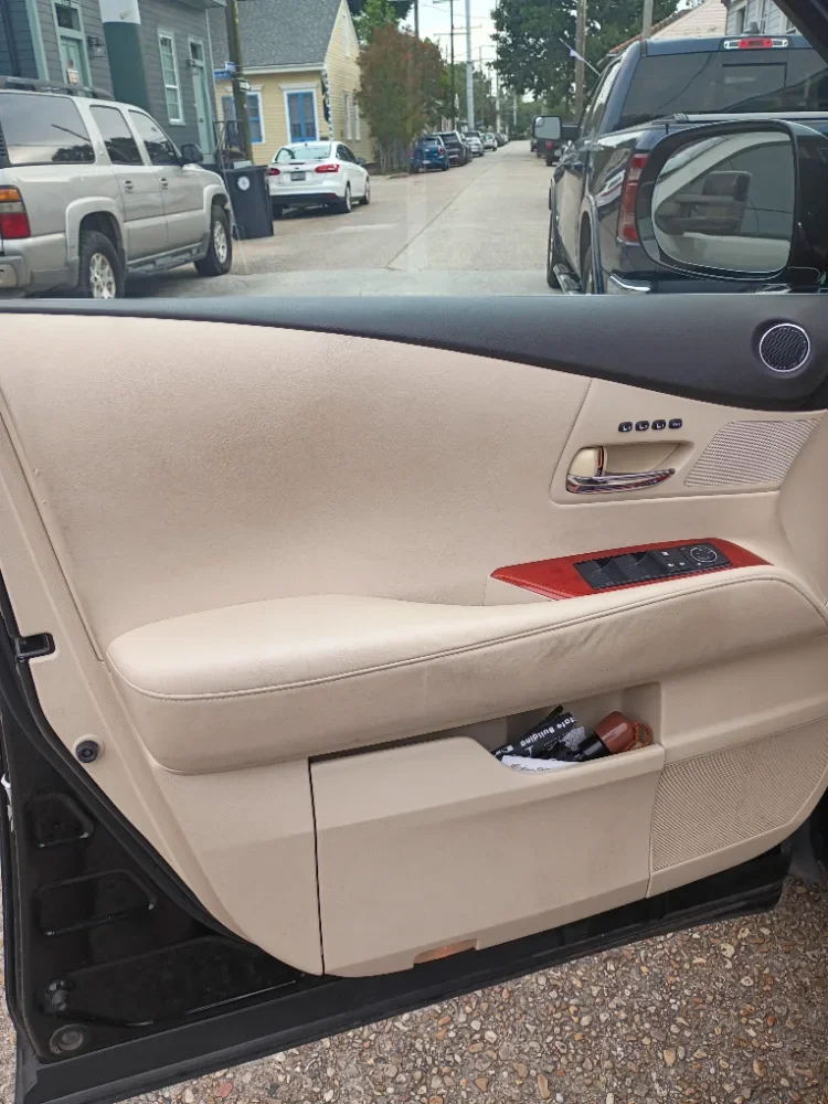 The interior of a car door with a beige panel, window controls, a speaker, and a storage compartment with a bottle and papers. The outside view shows parked cars on a residential street with houses.