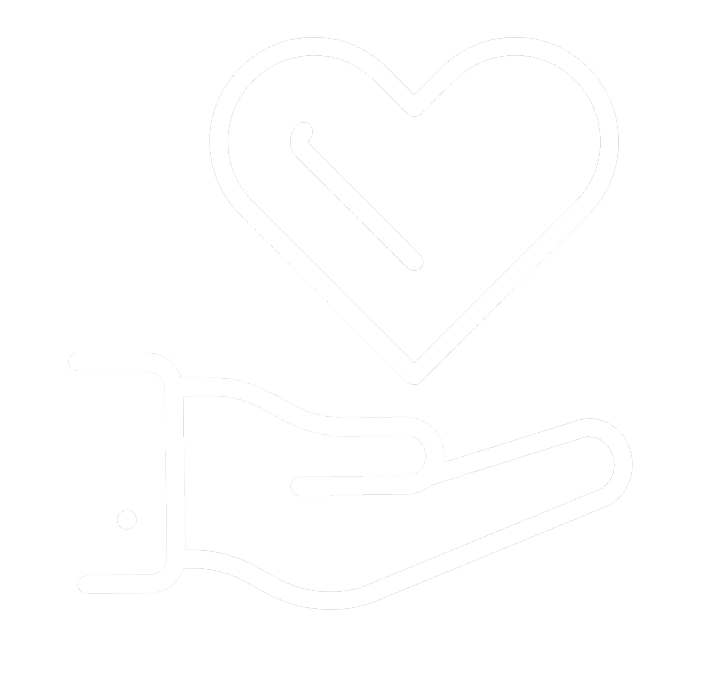 Line drawing of a hand with a heart above it, representing care or kindness.