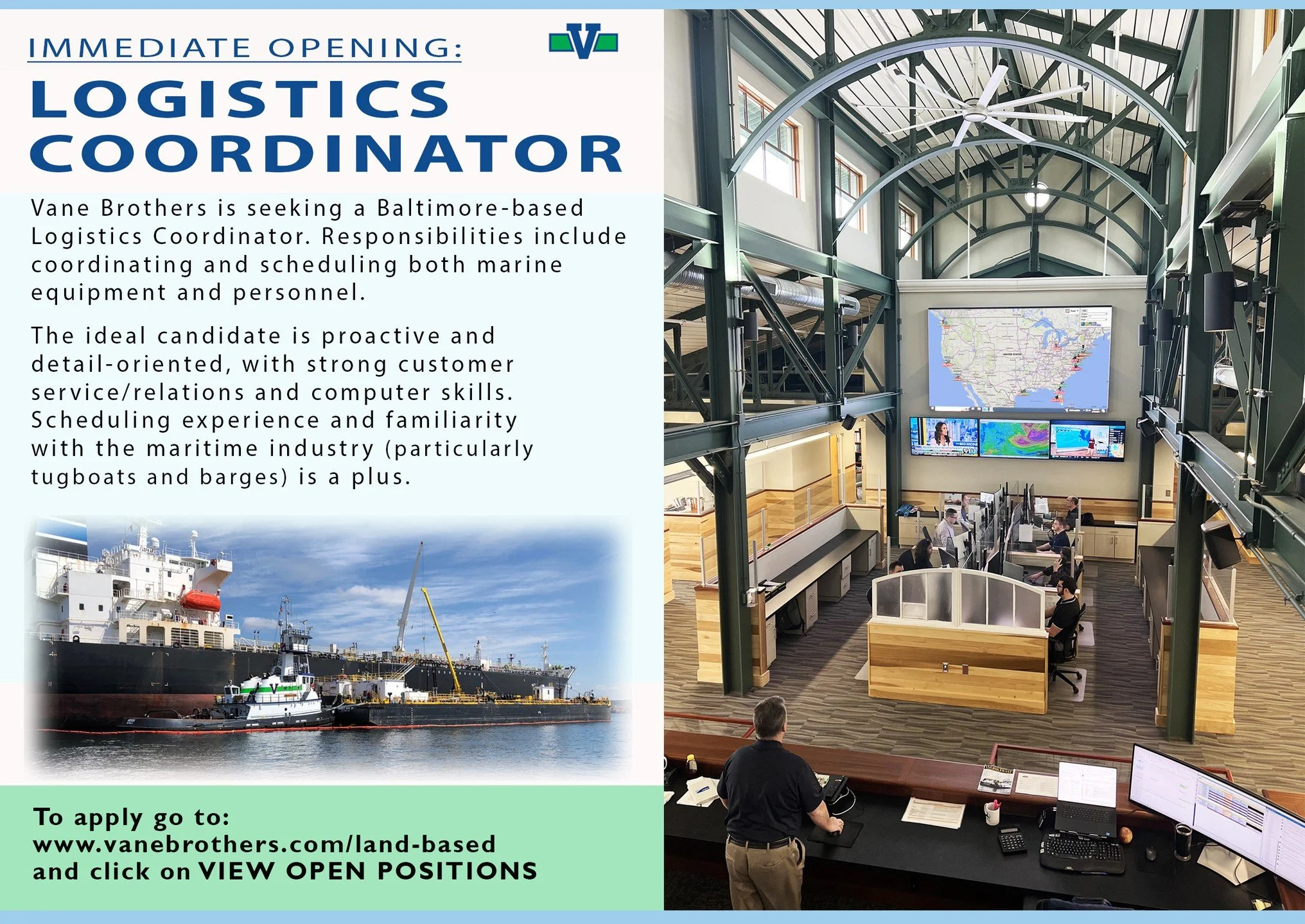 Land-based position with the Fleet Logistics department at Vane Brothers' corporate headquarters in Baltimore. www.vanebrothers.com/land-based #VaneBrothersCompany #Tugboats #Barges #FleetLogistics #LogisticsCoordinator