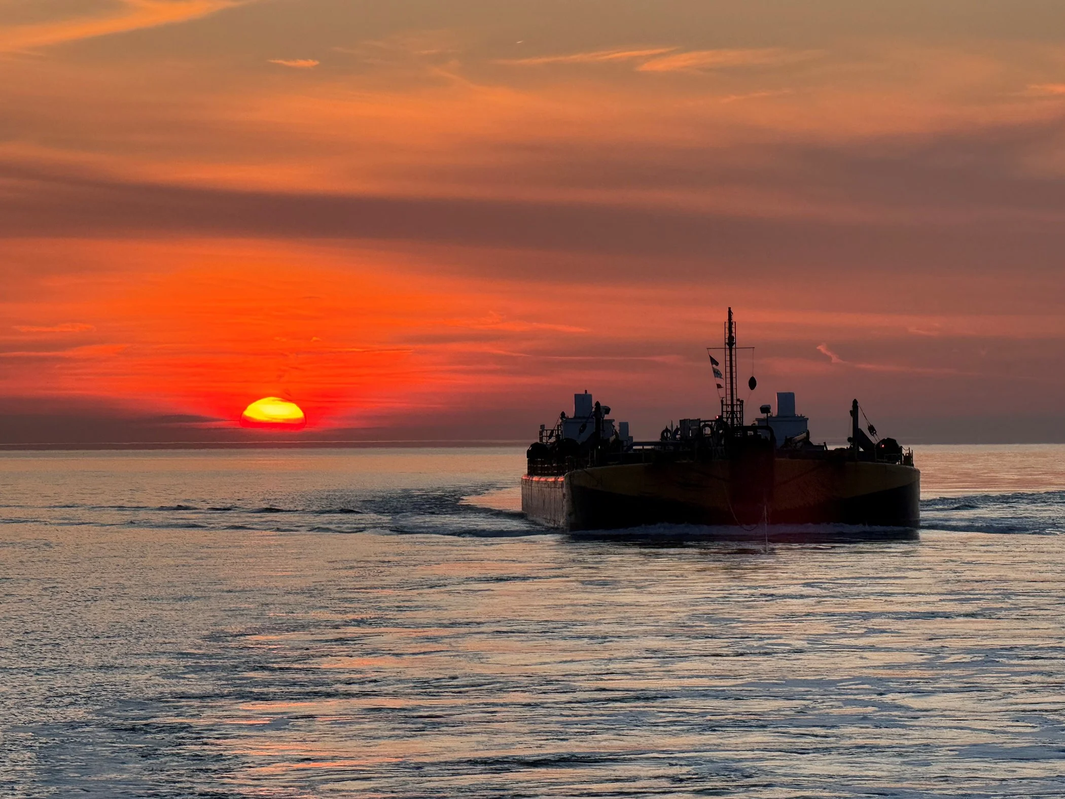The Vane Brothers barge Double Skin 56 being towed by the tug ANACOSTIA (not pictured) in Long Island Sound. [Photo by Philip Allen] #TheVaneBrothersCompany #Tugboat #Barge #HereComesTheSun See less
