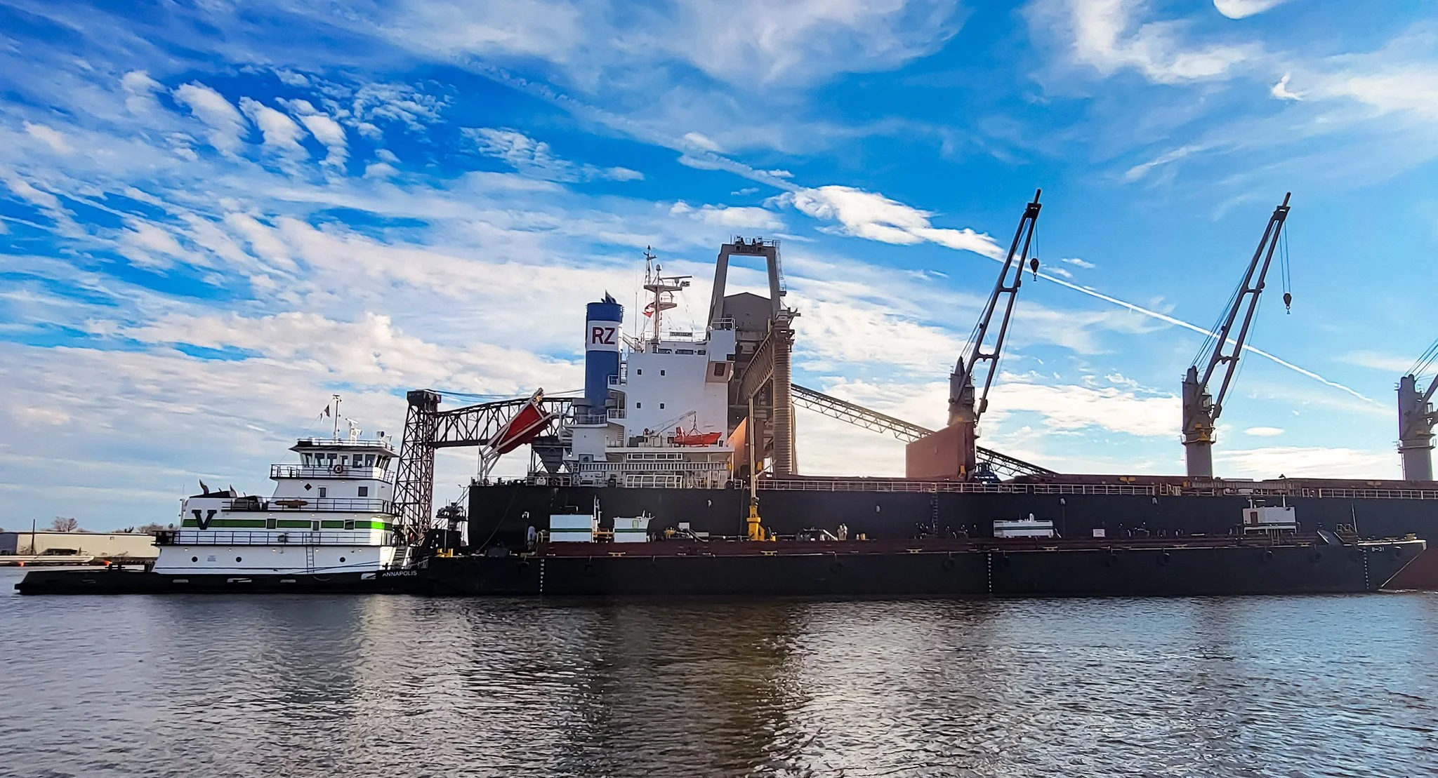 Vane Brothers push boat ANNAPOLIS bunkers ship across from Paradise Creek, VA. [Photo by Kenny Marshall]

#TheVaneBrothersCompany #Tugboat #Pushboat #ParadiseCreek #Annapolis
