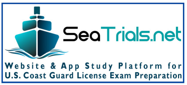 Logo for SeaTrials.net website featuring a ship graphic and text about U.S. Coast Guard license exam preparation
