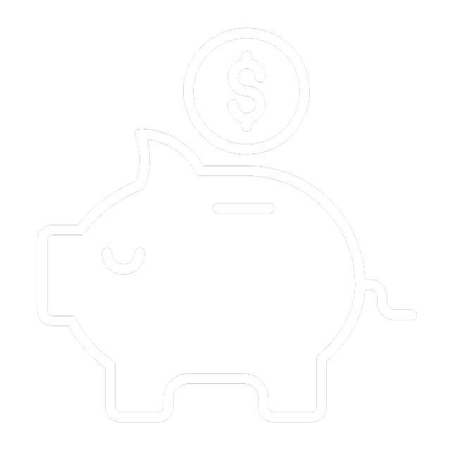 Line drawing of a piggy bank with a coin featuring a dollar sign above it.