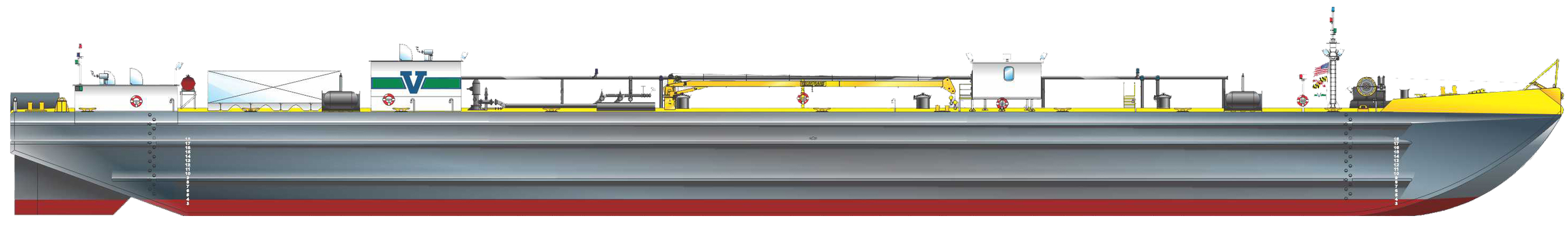 Side view diagram of a large military submarine with various equipment and structures on deck, painted in gray and yellow.