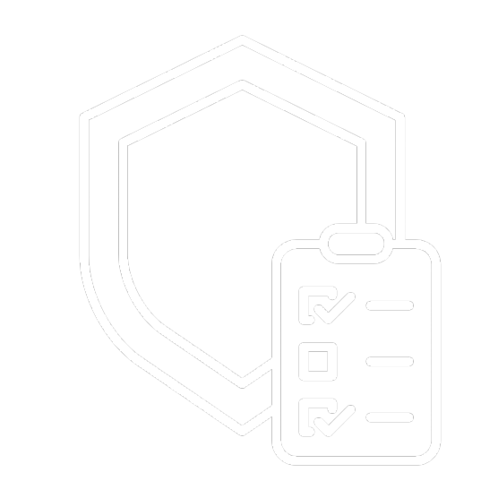 Line drawing of a shield with a checklist on a clipboard in front of it, symbolizing security and protection.