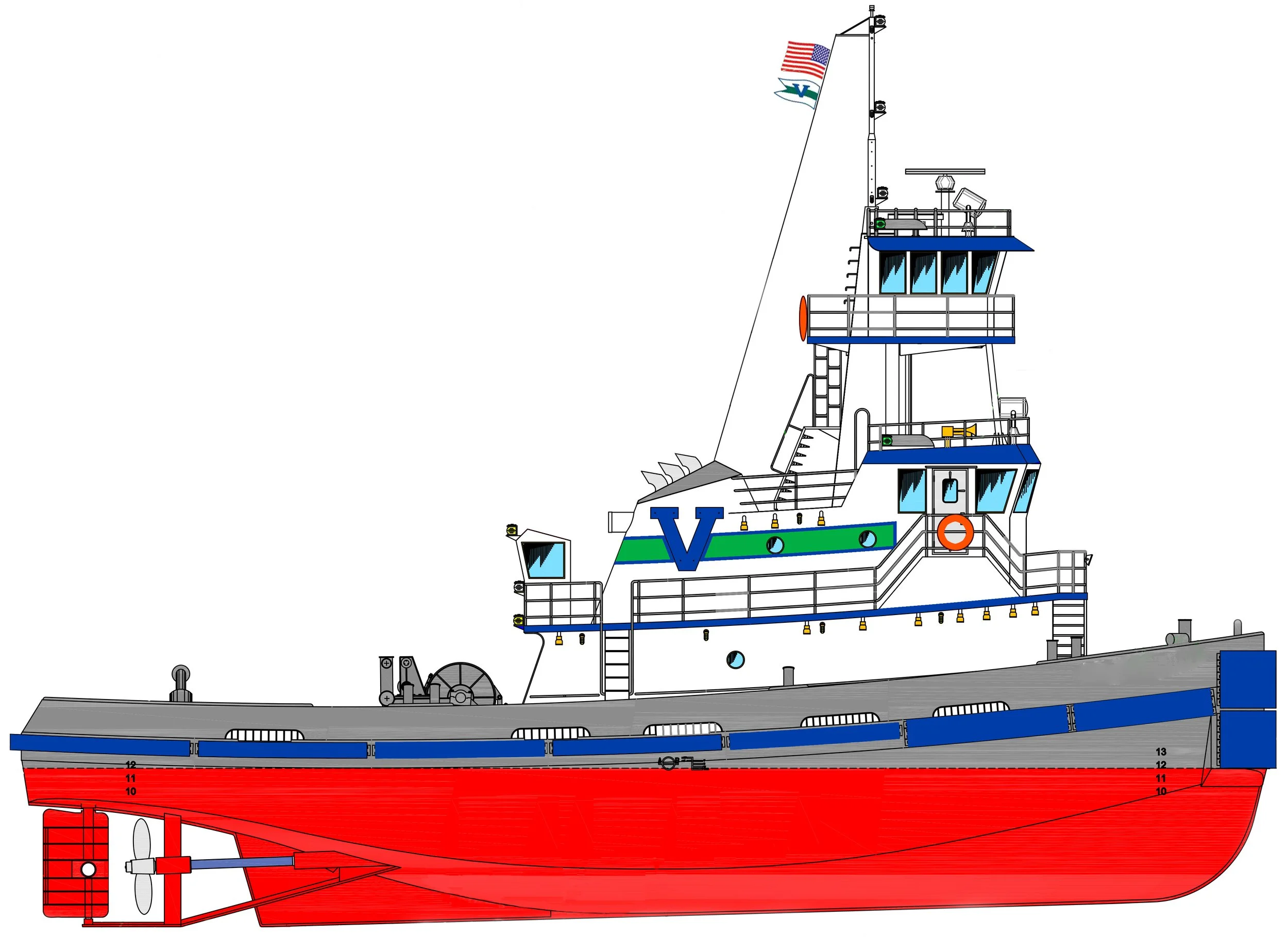 A detailed illustration of a tugboat with a gray hull, red bottom, and multiple decks featuring windows, railings, and equipment. The boat has flags at the top of its mast and a large blue and green logo with the letter 'V' on the side.