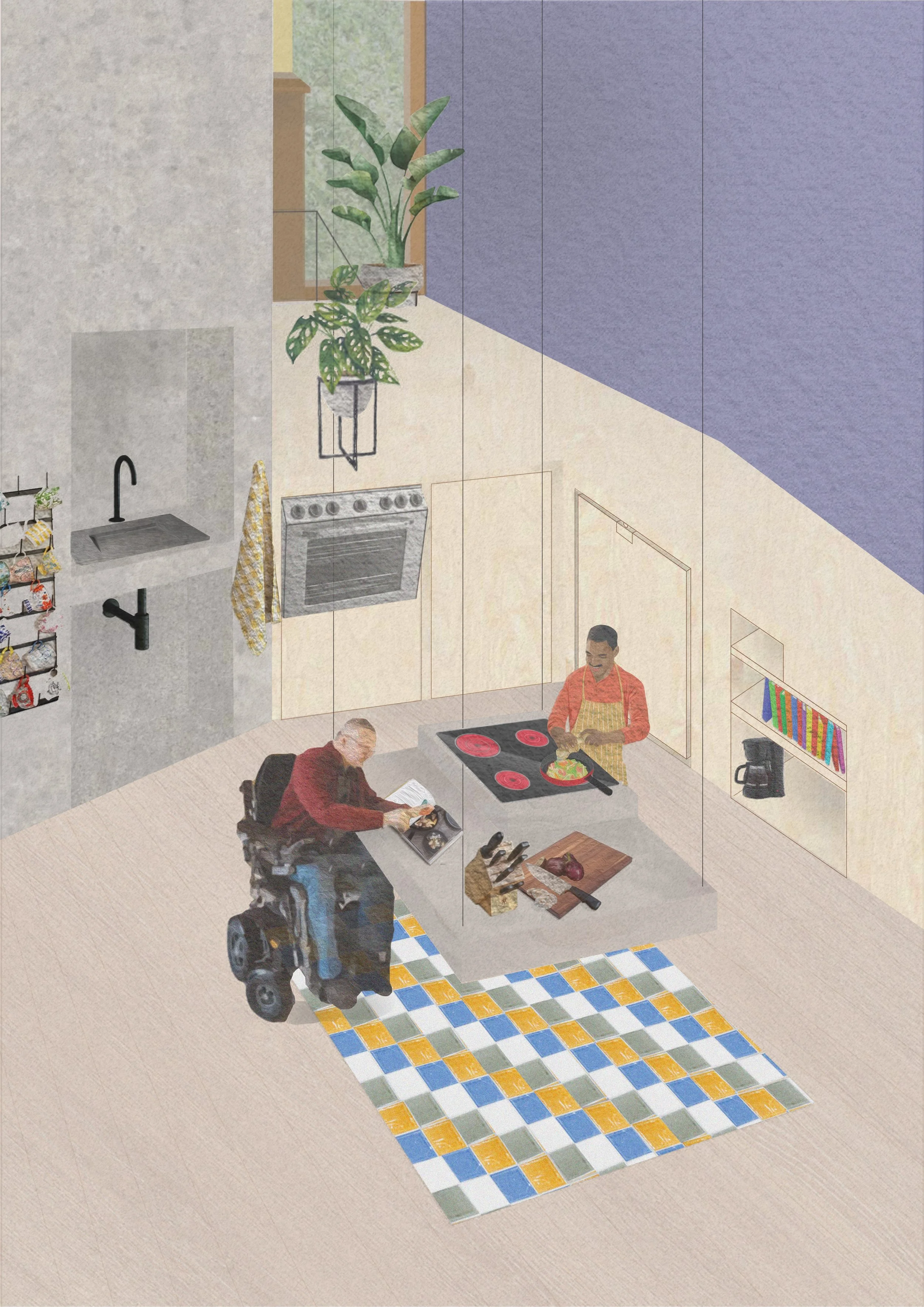 illustrasjon/collage1: mulighet av det samme hjørnet. bare med benken i sentrum med mulighet for å bevege seg rundt. her illustrert med en stående ved kokeplaten og en sittende ovenfor leser i en kokebok. Treverk, betong, lilla/blå