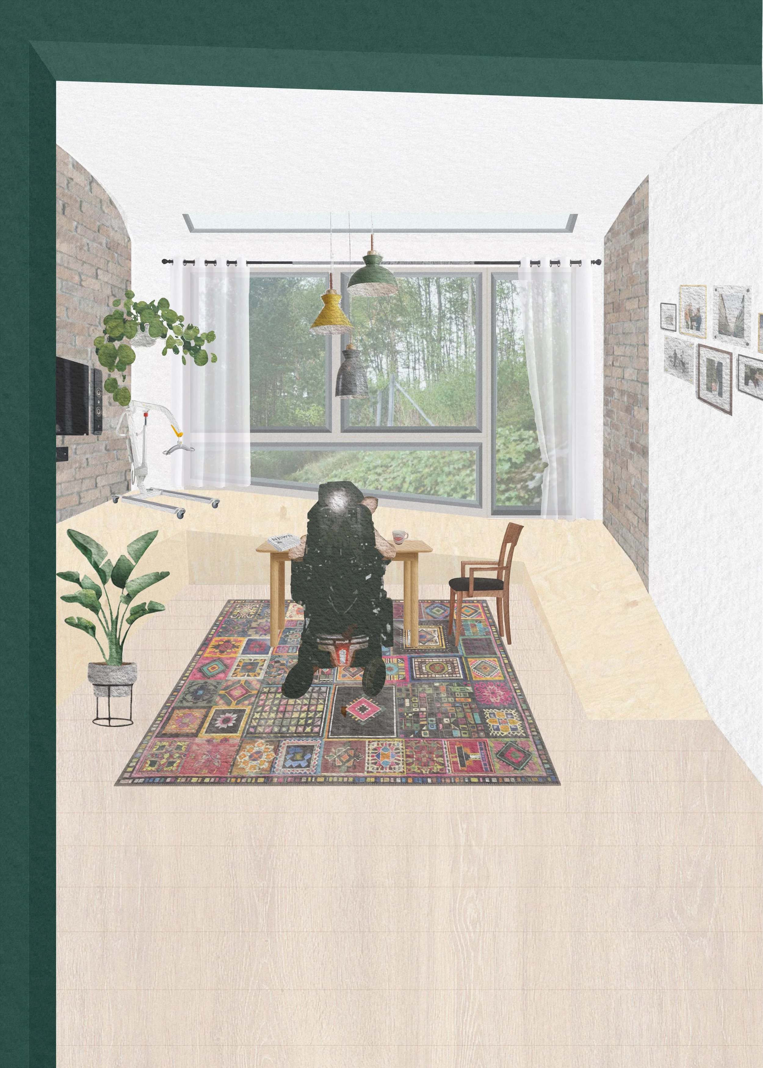 illustrasjon/collage: samme synspunkt som bilde med karm. karmen er grønn her.  personen sitter ved kjøkkenbordet med en kopp kaffe og en avis. rettet mot vinduet