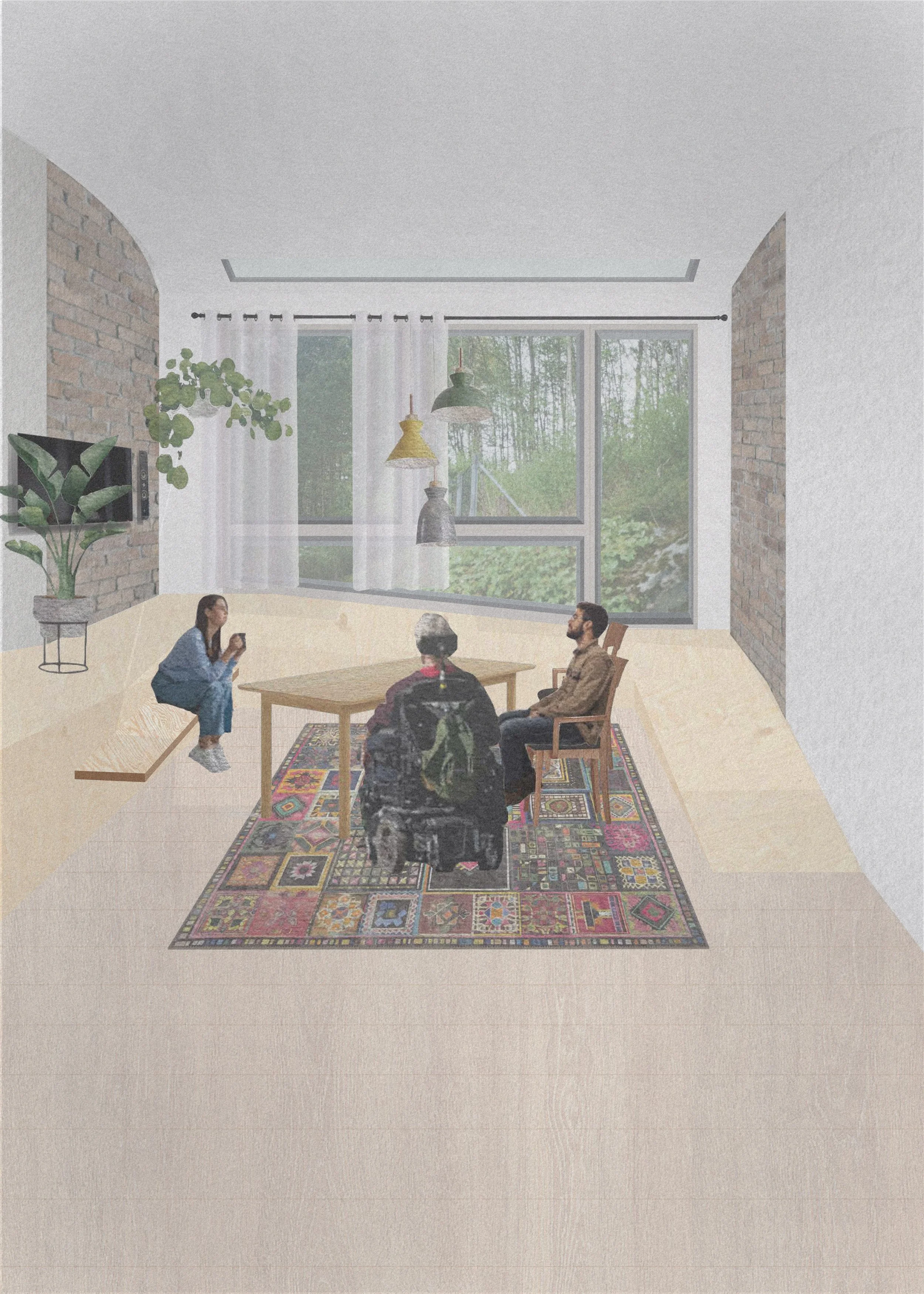 collage/illustrajsjon av kjøkkenbordet med rom rundt seg foran vinduet. fortsatt mulighet for å se på tv derfra. nå med flere personer sittende rundt bordet.