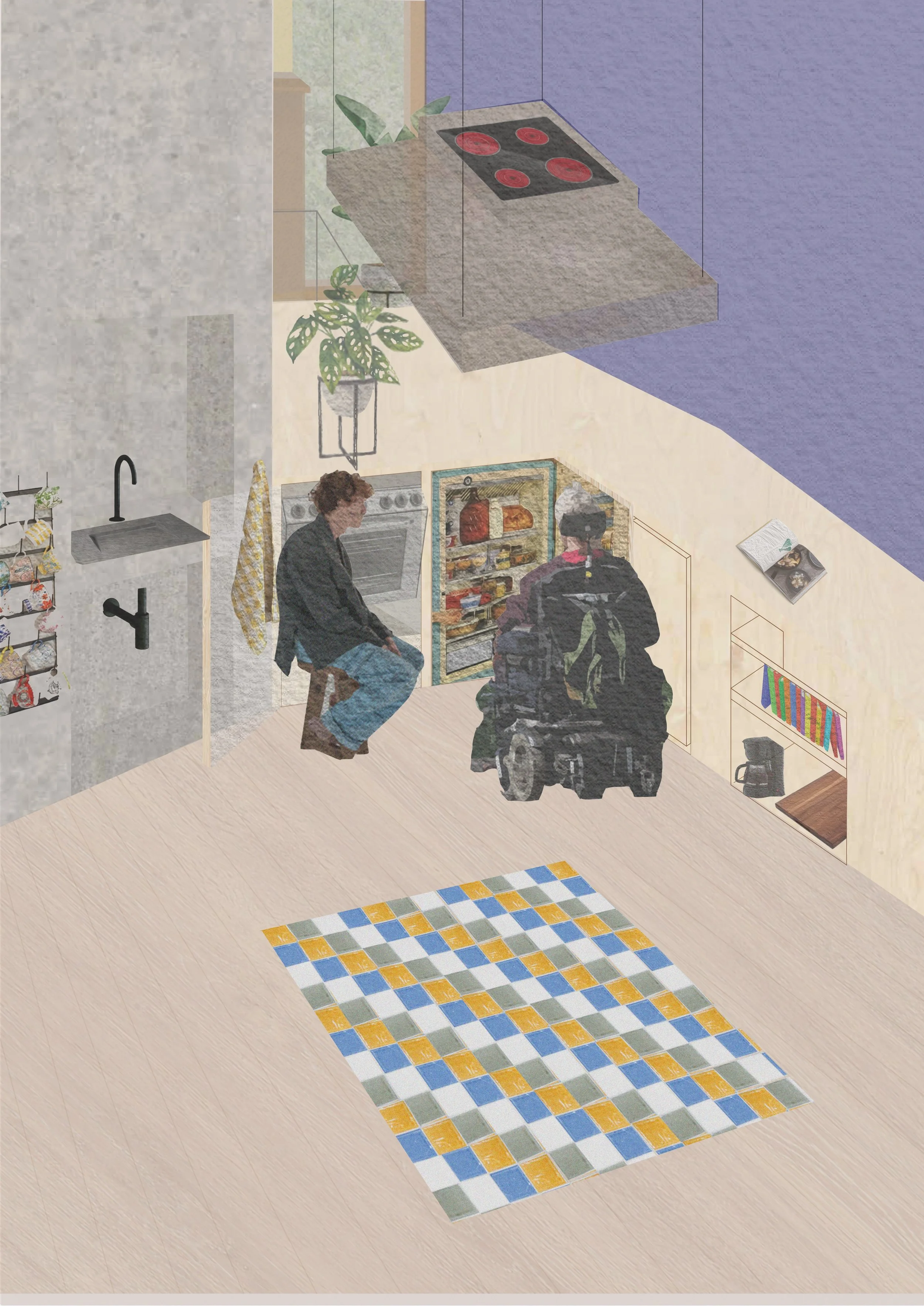 illustrasjon/collage med kjøkkenbenken oppe. samme situasjon som collage1. gulvet er fritt for å bevege seg på og en person som sitter på en krakk og en i rullestol sitter sammen foran kjøleskapet