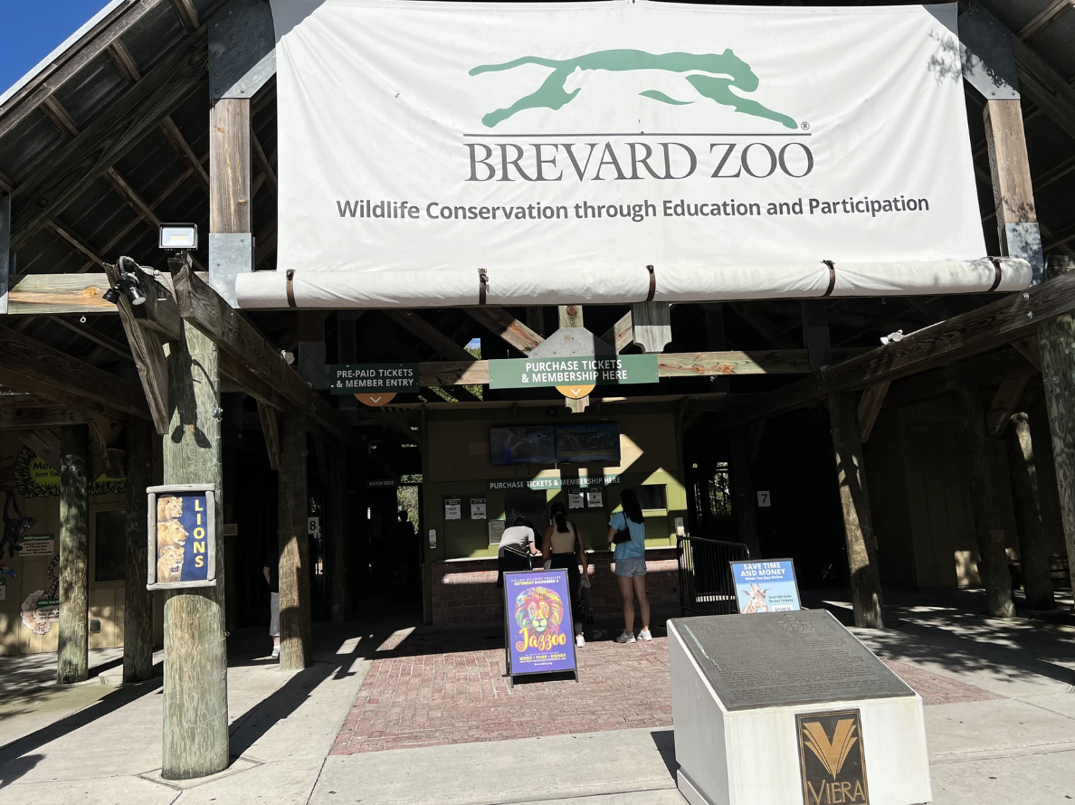 Entrance of Brevard Zoo with a large banner overhead that reads 'Wildlife Conservation through Education and Participation'. Ticket booths for pre-paid and membership purchases are visible, along with a sign for the JazZoo event and a lion statue.