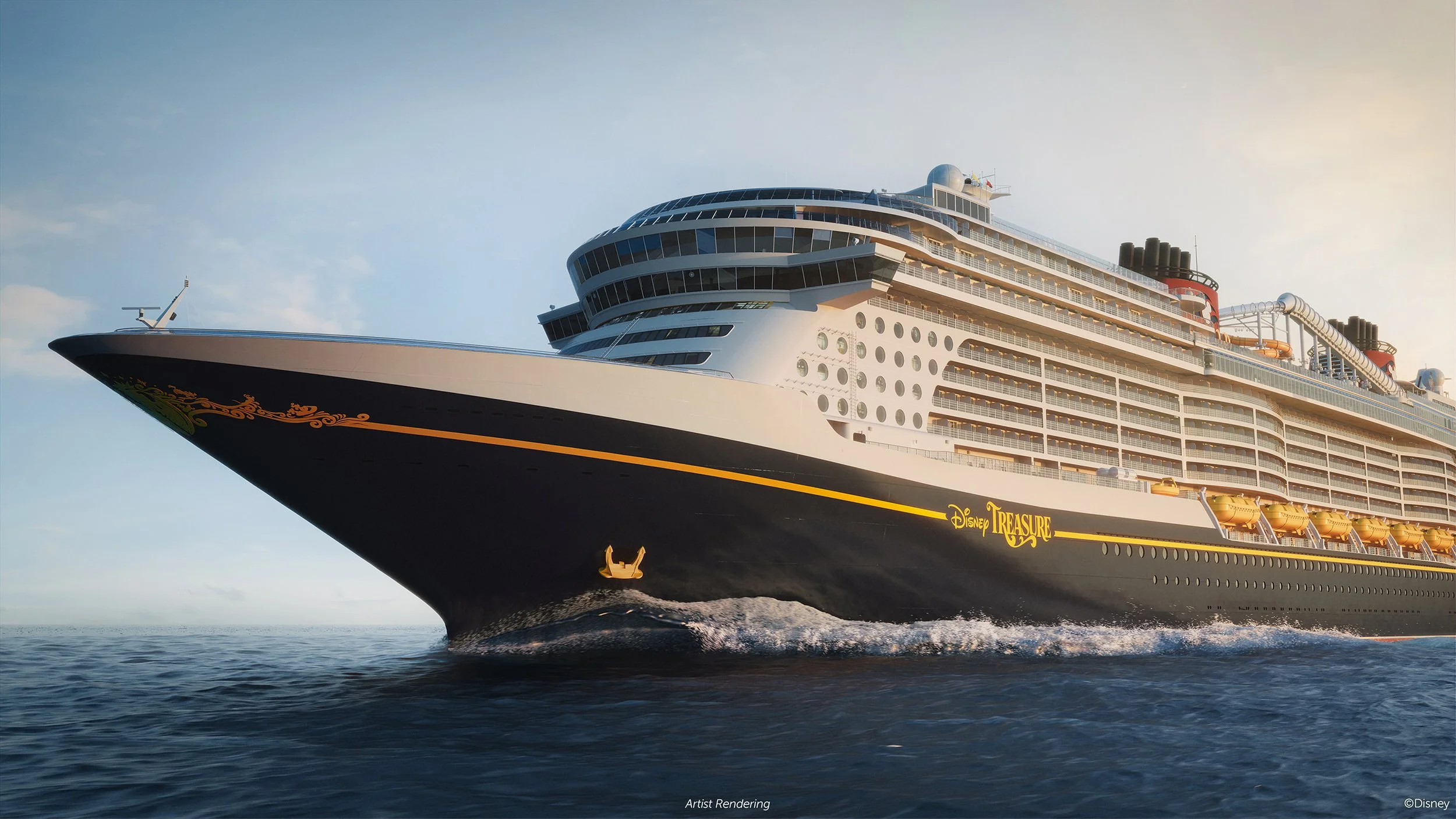 A large cruise ship named Disney Treasure sailing on the ocean during sunset.