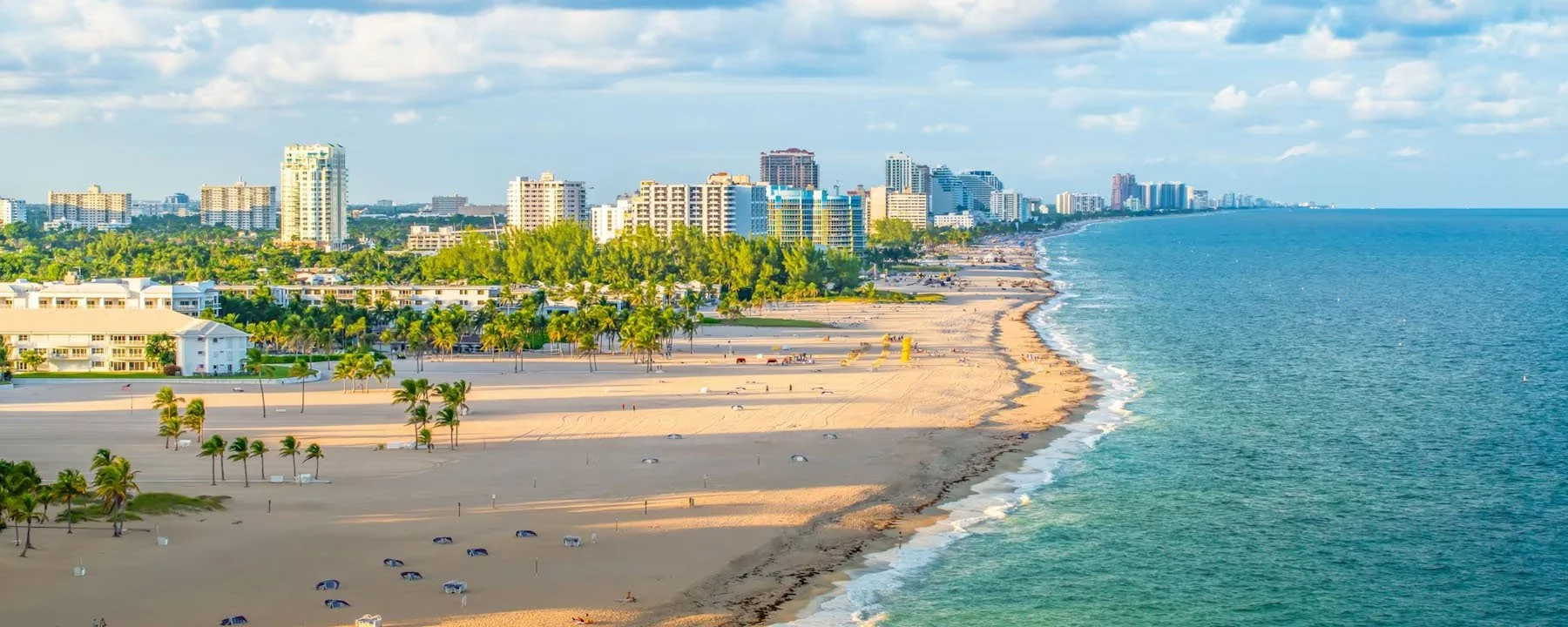 Sunny beach with palm trees, umbrellas, and a city skyline in the background.