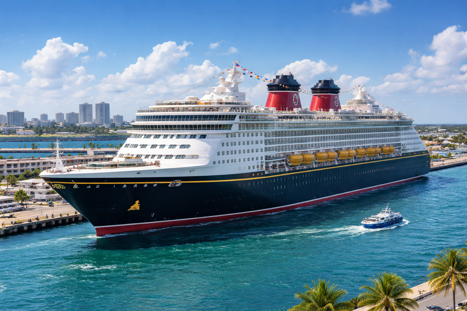 A large cruise ship docked at a port with city buildings in the background under a partly cloudy sky, accompanied by a small boat sailing nearby.