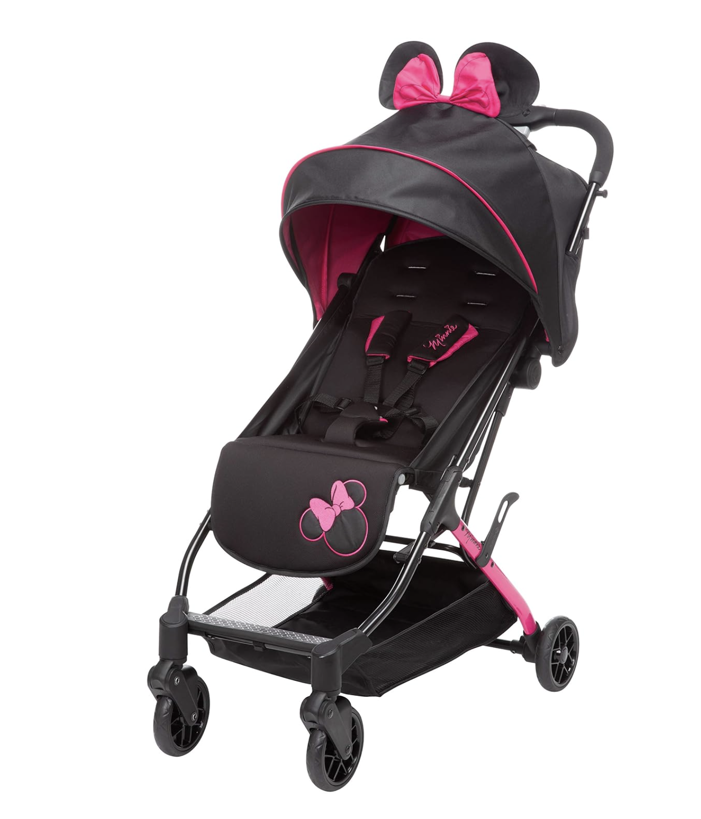A black and pink children's stroller with a Minnie Mouse theme, featuring a canopy with pink bow details and Minnie Mouse icon on the footrest.