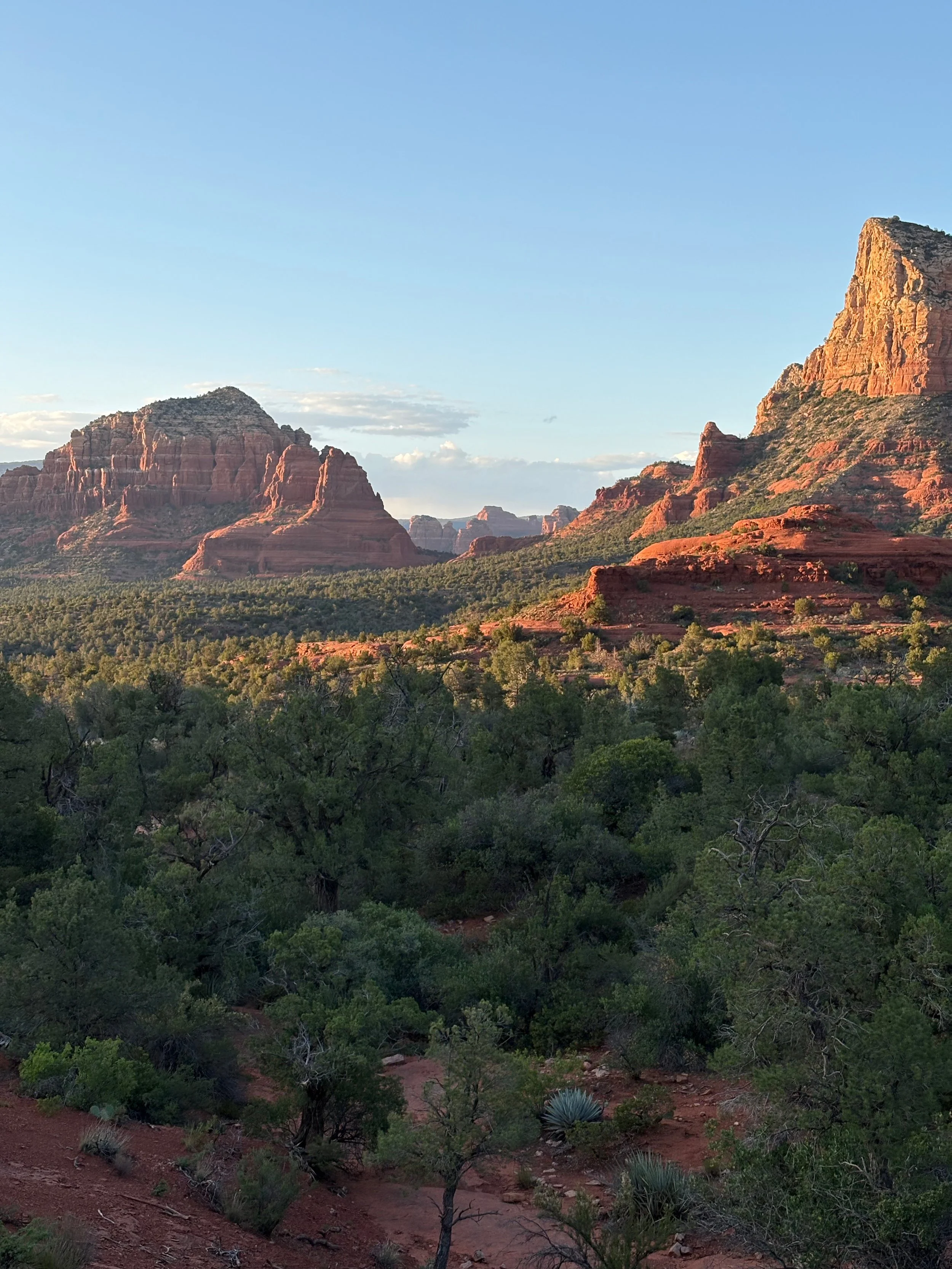Scenic Sedona Arizona view of red rock formations and green desert vegetation under a blue sky at Bell Rock, during sunset.