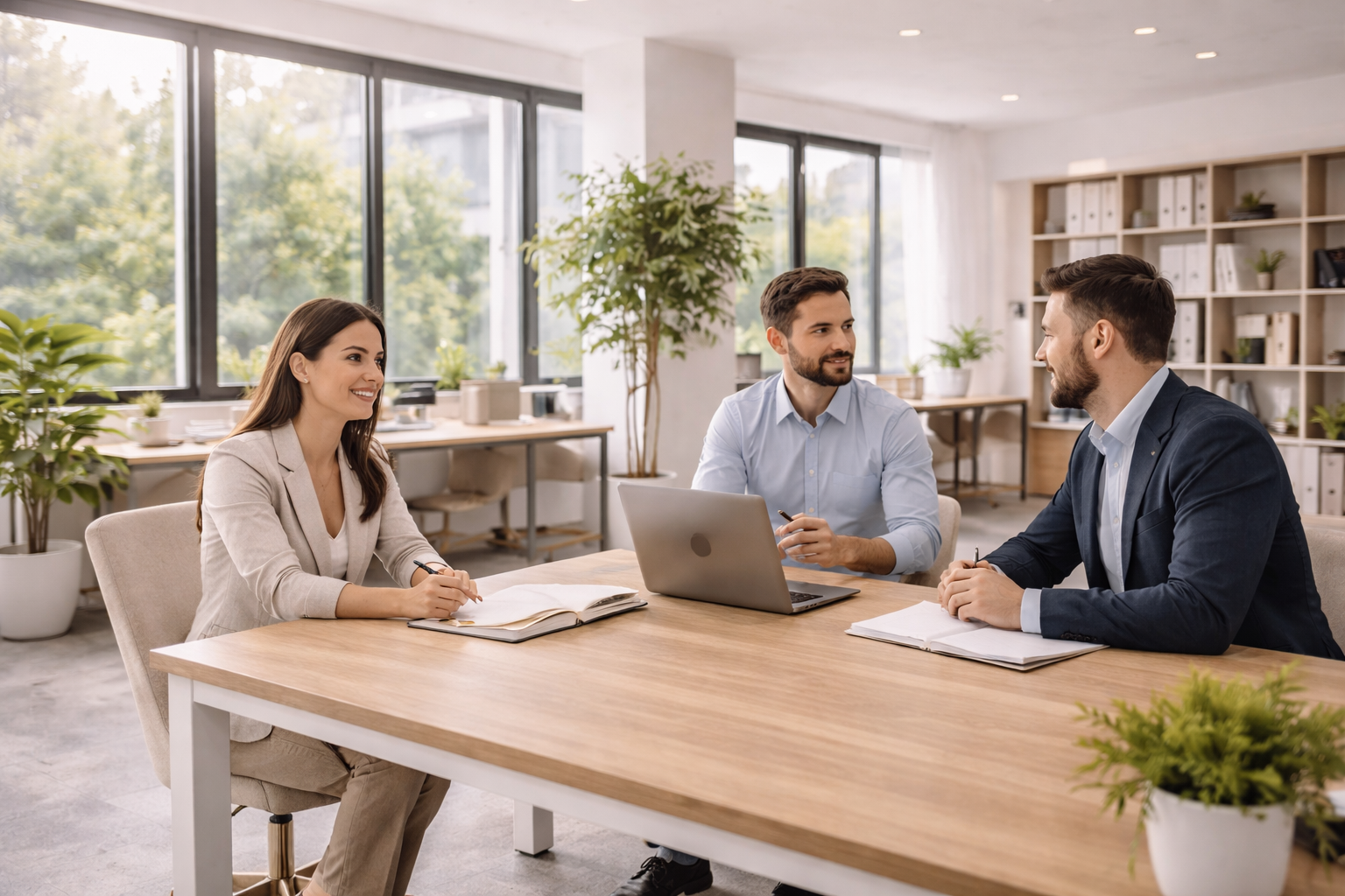Trois personnes assises autour d'une table de réunion dans un bureau lumineux, discutant et souriant, avec un ordinateur portable ouvert et des cahiers devant elles. nettoyage bureaux La Rochelle.Nettoyage bureaux à La Rochelle bio et ecocert G Bio