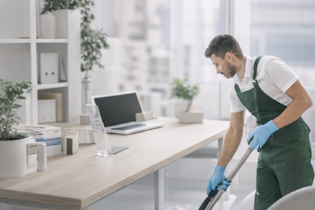 Homme nettoyant le sol d'un bureau avec un balai, portant des gants en plastique Nettoyage bureaux à La Rochelle bio et ecocert