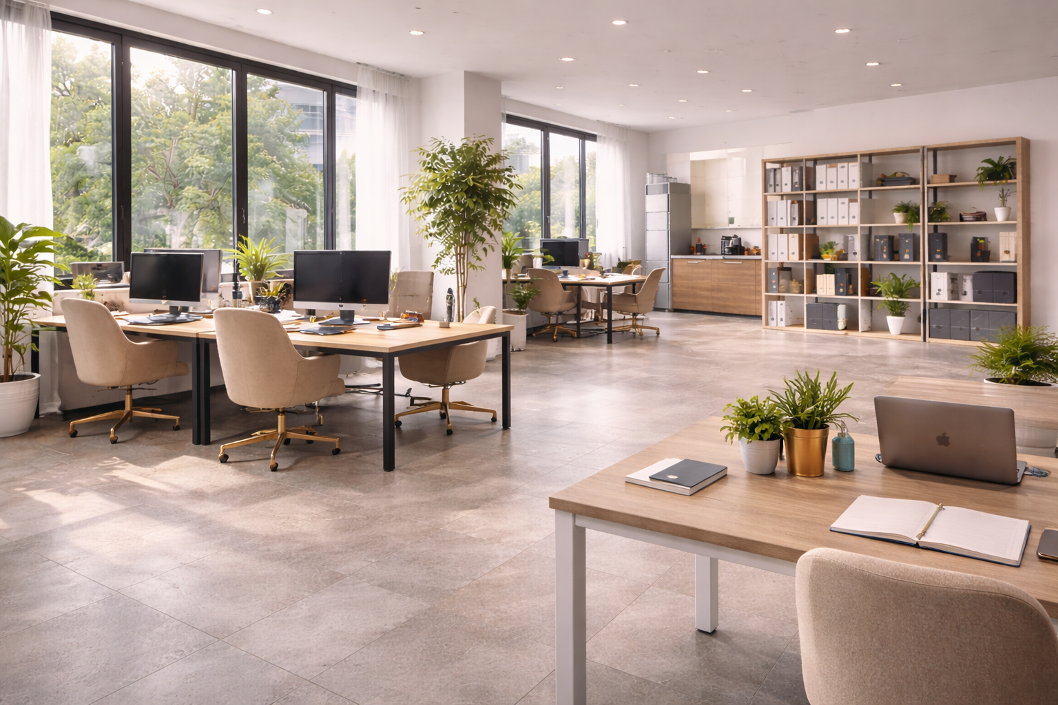 Bureau lumineux avec plusieurs postes de travail, ordinateurs et plantes d'intérieur, bibliothèque en bois avec rangements, et grande fenêtre laissant passer la lumière naturelle. Nettoyage bureaux La Rochelle.Nettoyage bureaux à La Rochelle bio et e