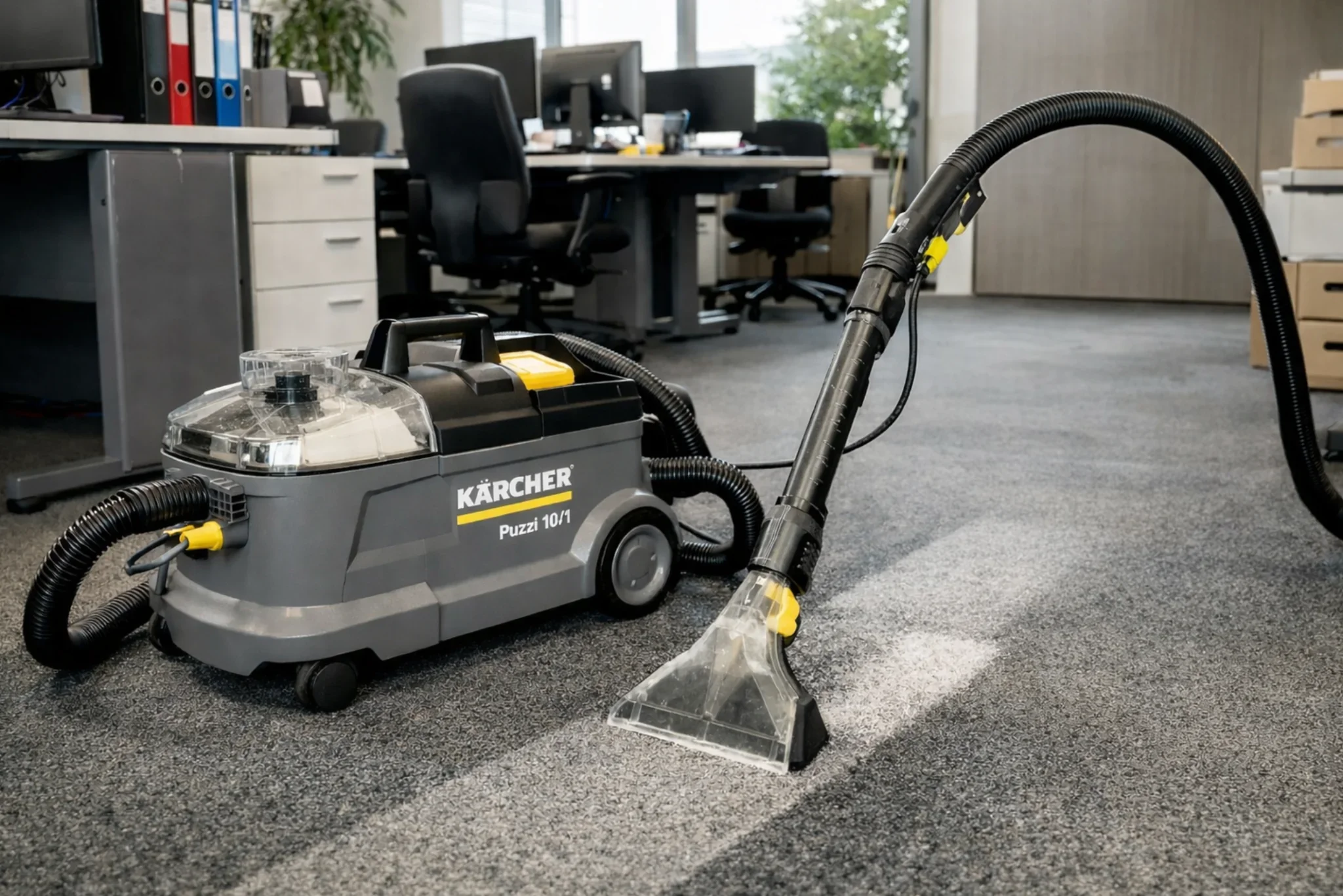 Un aspirateur industriel Kärcher nettoie un tapis dans un bureau avec des bureaux, des chaises et des cartons en arrière-plan.