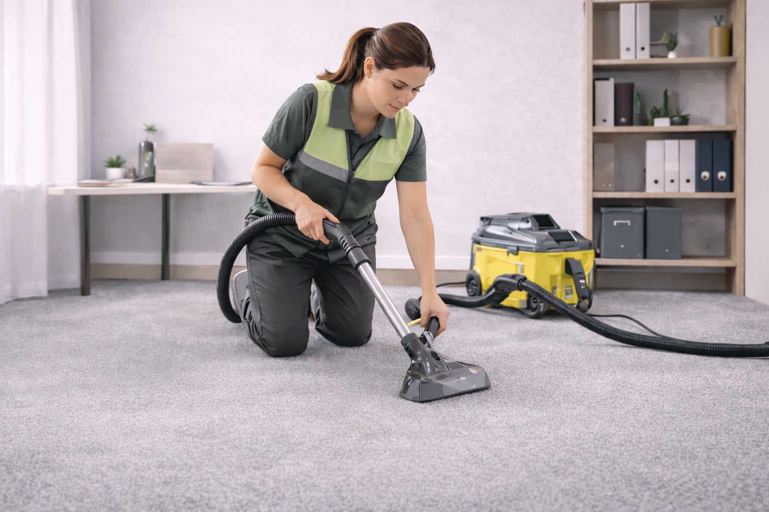 Femme nettoyant un tapis avec un aspirateur industriel dans un bureau. Nettoyage bureaux La Rochelle.Nettoyage bureaux à La Rochelle bio et ecocert G Bio Clean
