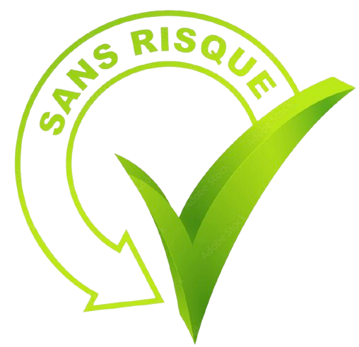 Logo avec un cercle et une coche verte, avec le texte 'SANS RISQUE'.