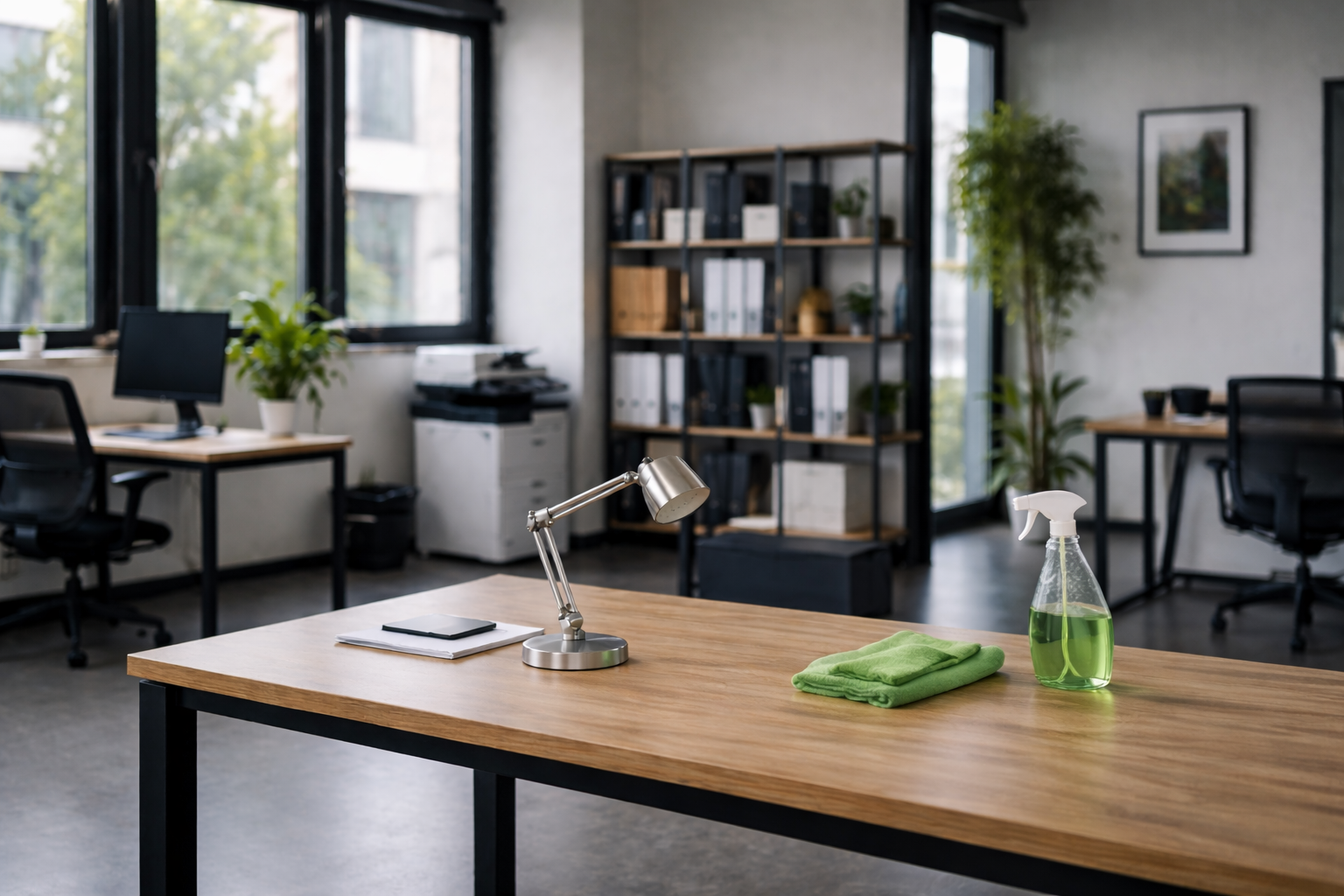 Un bureau d'entreprise avec un plan de travail en bois, un spray de désinfectant, une serviette verte, une lampe de bureau en métal, et des bureaux avec des ordinateurs, des plantes en pot, et une étagère en arrière-plan.  Nettoyage bureaux