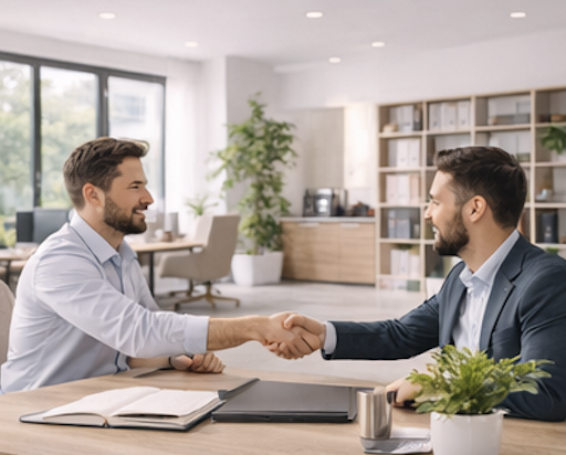 Deux hommes d'affaires se serrent la main dans un bureau moderne. Nettoyage bureaux La Rochelle.Nettoyage bureaux à La Rochelle bio et ecocert G Bio Clean
