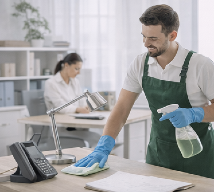 Homme nettoyant un bureau avec des gants en caoutchouc dans un centre commercial ou un bureau, avec une femme travaillant à une table en arrière-plan. Nettoyage bureaux La Rochelle.Nettoyage bureaux à La Rochelle bio et ecocert G Bio Clean