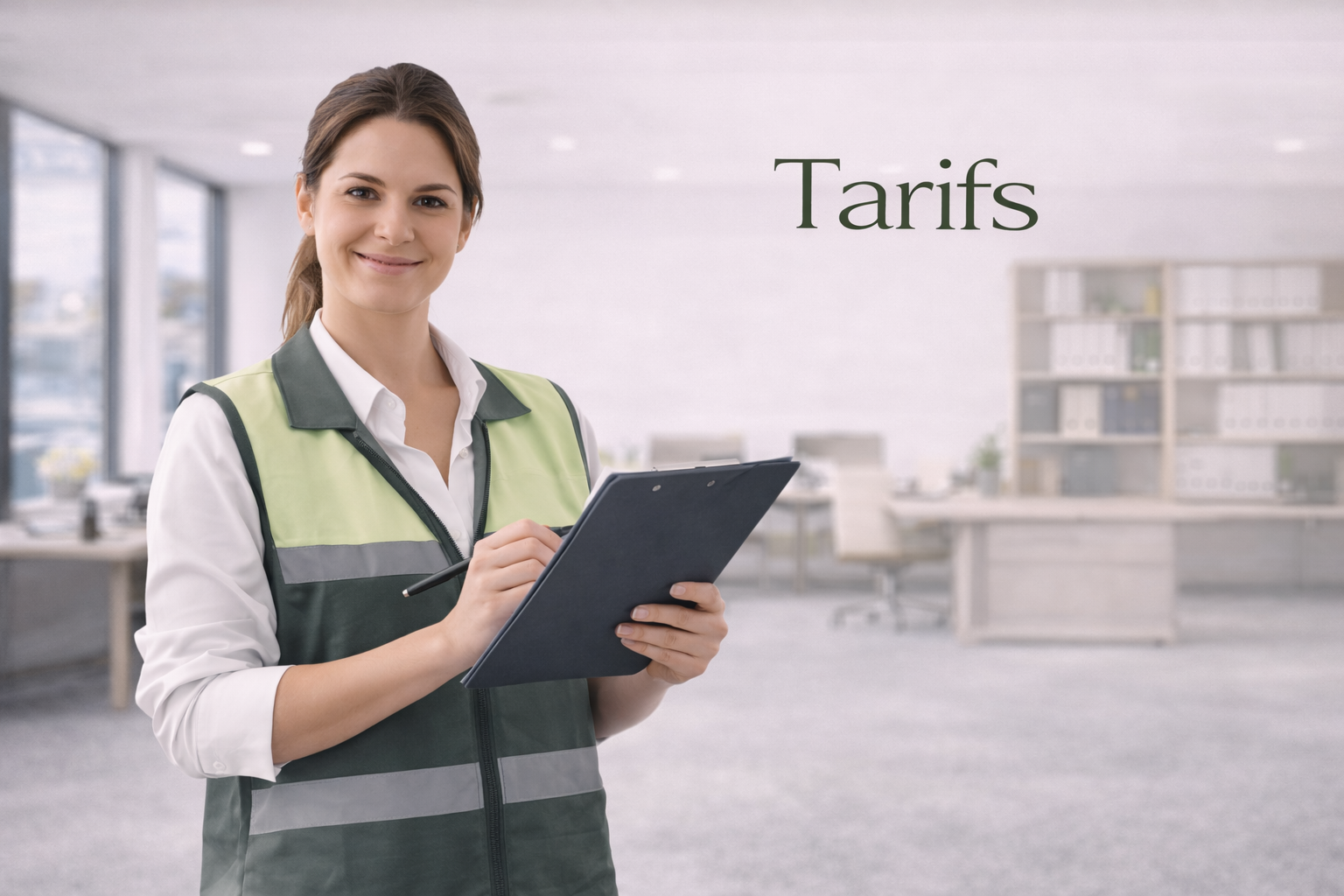 Une femme souriante en gilet de sécurité tient un carnet dans un bureau moderne. Le mot "Tarifs" est écrit à l'écran.