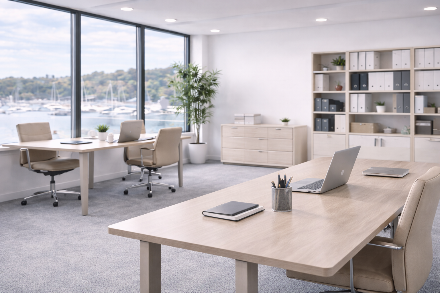 Bureau moderne avec vue sur un port de plaisance, mobilier en bois clair, fauteuils beige, étagère avec des dossiers et plantes. Nettoyage bureaux à La Rochelle bio et ecocert