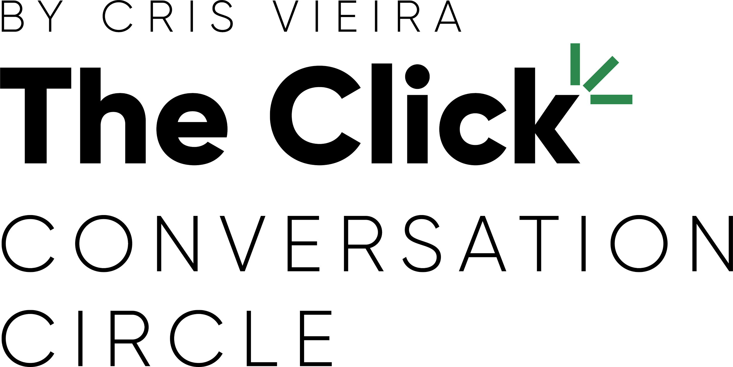 Text in black and green on a black background reads: 'by Cris Vieira - The Click Conversation Circle'