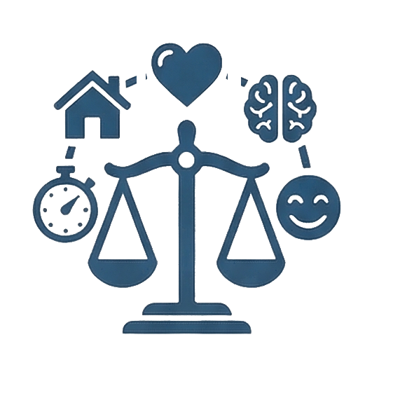 graphic of scales balancing time, home, heart, mind and happiness.