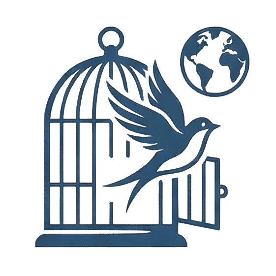 Graphic of a bird escaping and finding the world