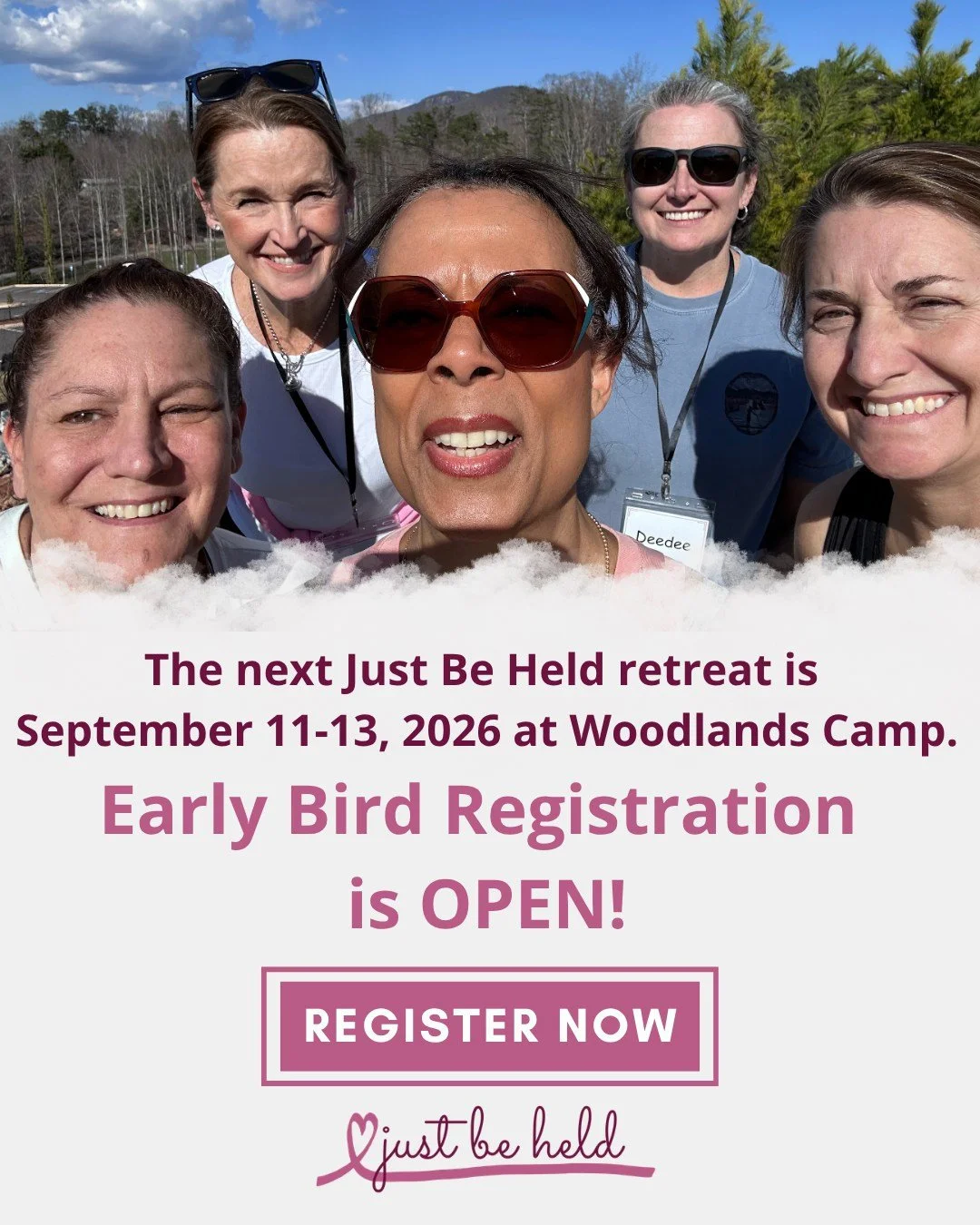 You can be smiling like this in September if you join us for the next Just Be Held retreat! Register now for early bird prices at justbeheldministries.org/retreats.

#justbeheld #justbeheldministries #women #womensupportingwomen #mothers #healing #re