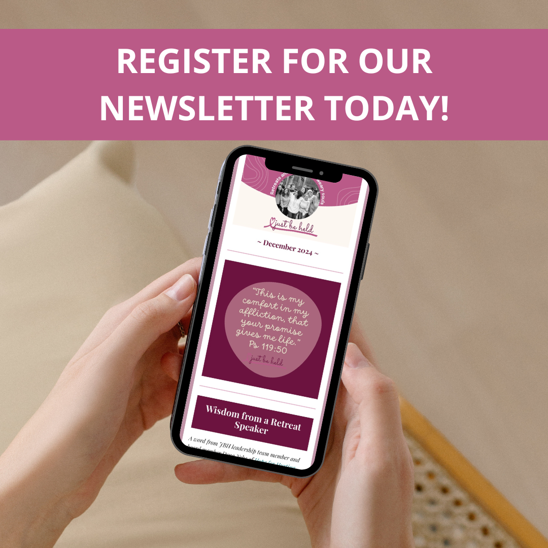 A person holding a smartphone displaying a newsletter with the headline 'Register for Our Newsletter Today!' and content about an upcoming retreat, including a Bible verse and a section titled "Wisdom from a Retreat Speaker."