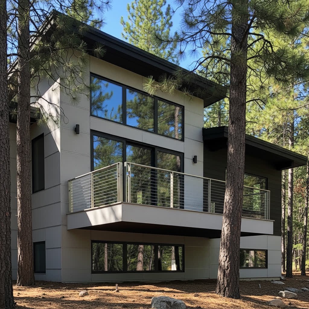 Modern multi-story house with large glass windows, white exterior panels, and spacious balconies, surrounded by tall pine trees in a forested area.