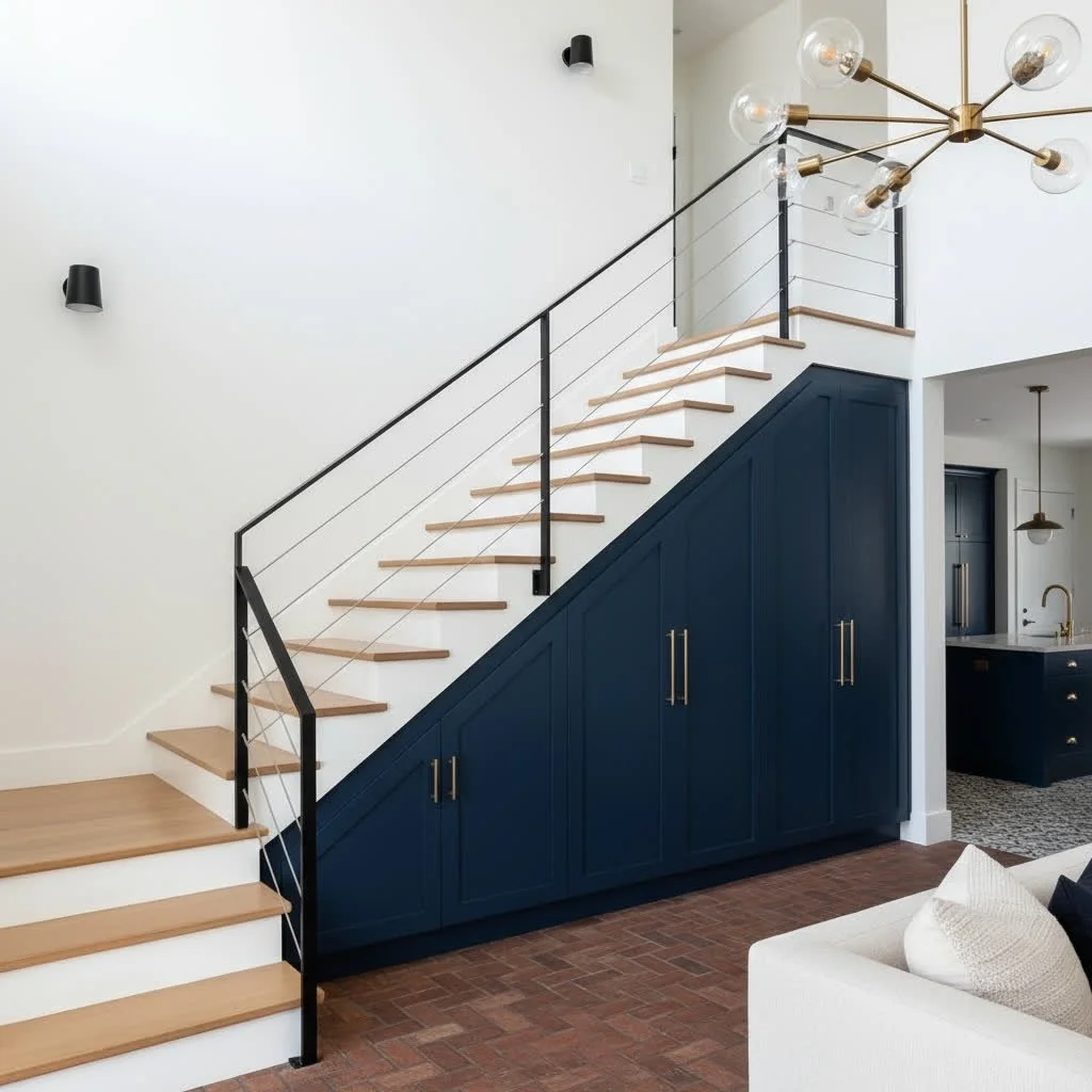 Modern staircase with black handrail and cables, light wooden steps, navy blue built-in storage cabinets underneath, white walls, gold accents, contemporary chandelier, open kitchen in background.