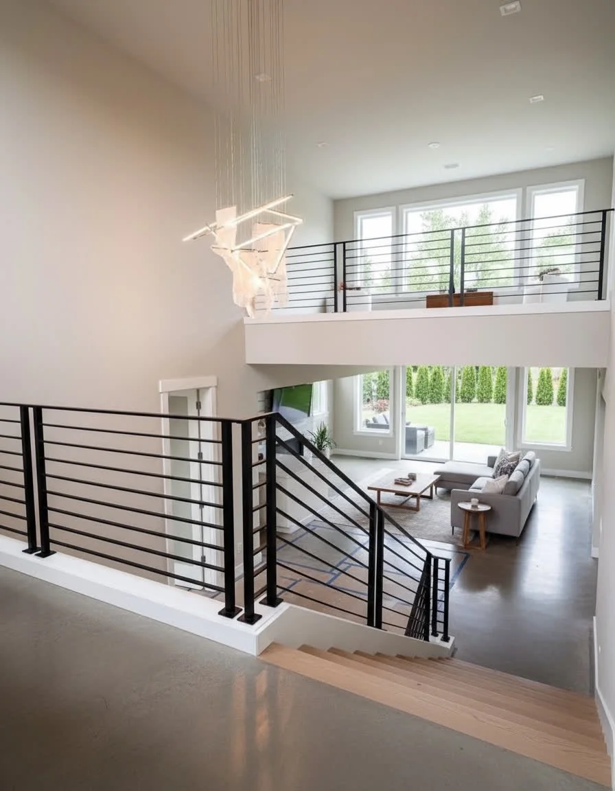 Modern open-concept living room with high ceiling, large windows, and black metal railing balcony overlooking the space, with a gray sofa, coffee table, and outdoor greenery visible through the windows.