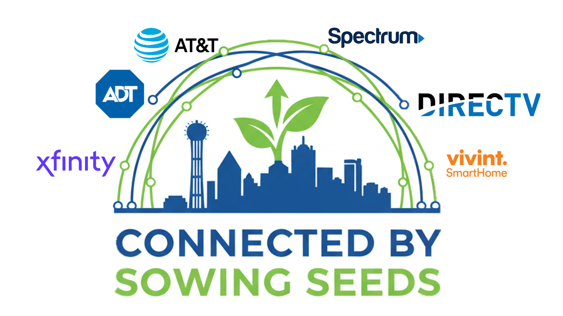 Illustration of a city skyline with a green sprout growing out of the buildings, overlaid with logos of various cable and streaming service providers. The text reads 'Connected by Sowing Seeds'.