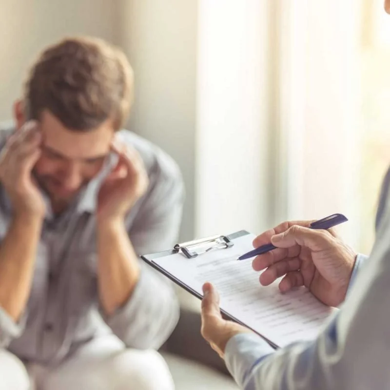 Person holding a clipboard with a pen, facing a young man in distress, possibly in a therapy or counseling session.
